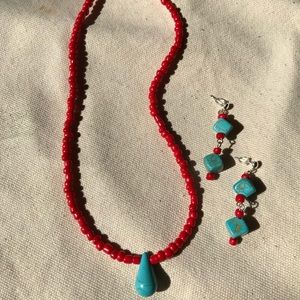Turquoise Stone with Red Beads Pendant Set